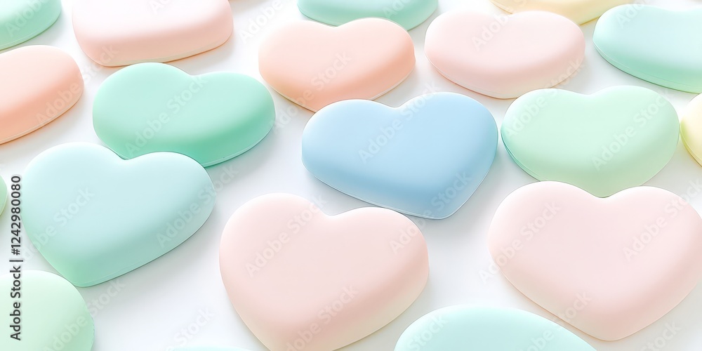 Soft pastel heart shapes spread across a white surface, creating a dreamy and romantic composition. Soft pastel heart shapes spread across a white surface, creating a dreamy and romantic composition.