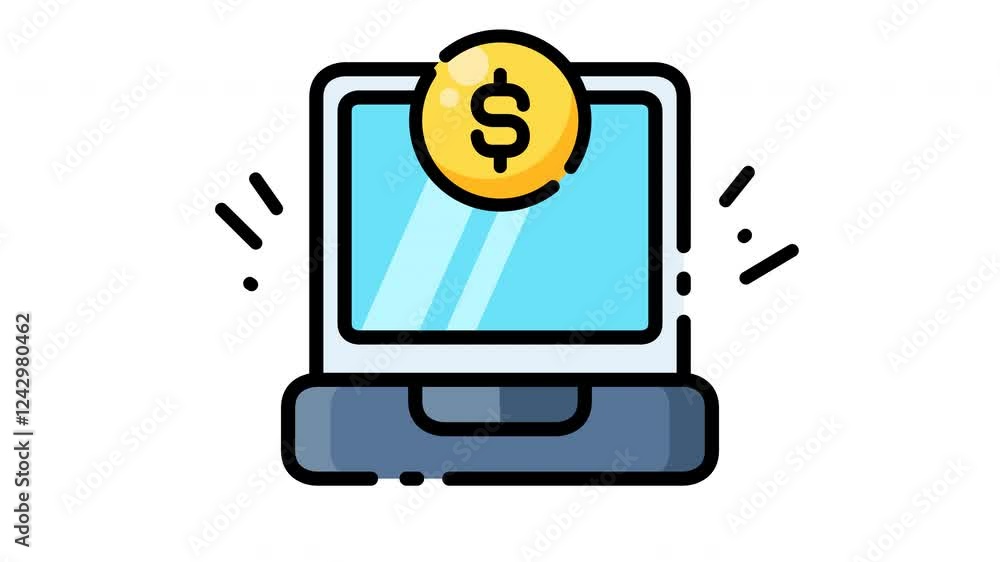 Animated laptop with a dollar coin on the screen. Suitable for finance, investment, online banking, ecommerce concepts in web design, articles, presentations. Animated laptop with a dollar coin on the screen. Suitable for finance, investment, online banking, ecommerce concepts in web design, articles, presentations.