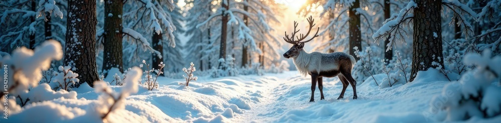 Snowy Forest Floor with Handmade Reindeer and Trees, woods, seasonal Snowy Forest Floor with Handmade Reindeer and Trees, woods, seasonal