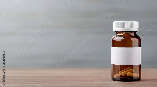 Capsule medication bottle on wooden table pharmaceutical products indoor minimalist focus health and wellness concept