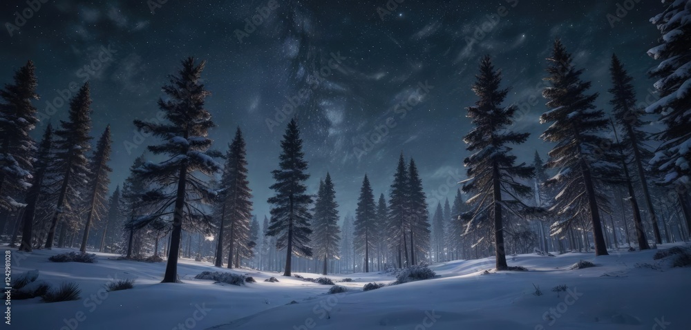 Obraz premium Snowy pine trees in winter forest under starry night, peaceful, starry night, frost-covered trees, serene