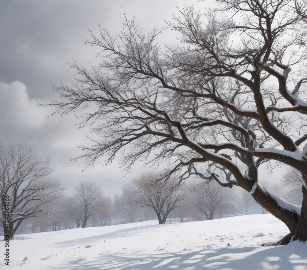 Obraz premium Snowy tree branches stretching towards a grey sky, cold weather, snow-covered trees, serene landscape