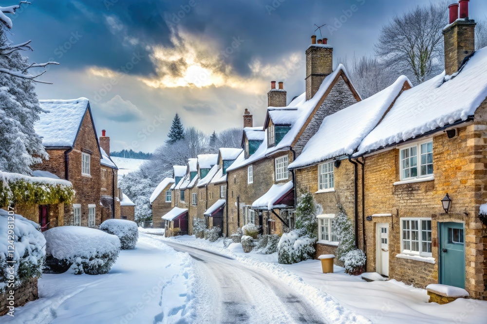 Fototapeta premium Snowy village scene with snow-covered houses and icy streets, frozen streets, snowy landscape, snowy scene, winter village, small town