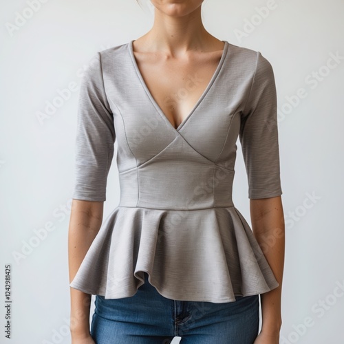 Gray peplum top with blue jeans showcasing modern fashion style and comfort. photo