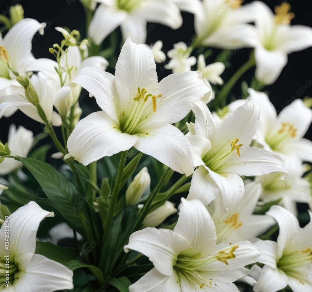 Soft focus on cluster of pristine white flowers of madonna lily, ethereal, religious Soft focus on cluster of pristine white flowers of madonna lily, ethereal, religious
