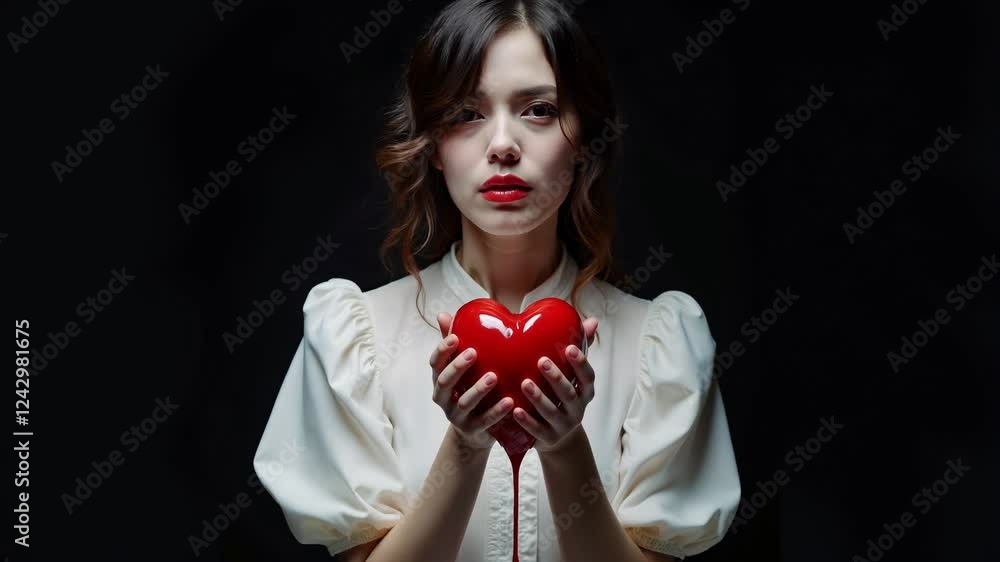 portrait of a sad woman holding a drippy heart portrait of a sad woman holding a drippy heart