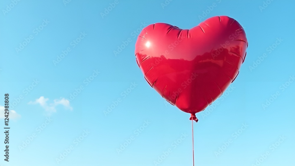 Fototapeta premium Colorful heart-shaped balloon with basket flying across the blue sky, happy Valentine's Day. love