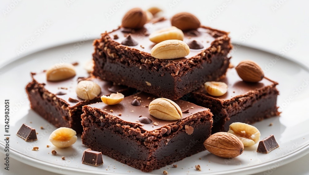 Delicious chocolate brownies with nuts and chocolate chips on a white plate. Delicious chocolate brownies with nuts and chocolate chips on a white plate.
