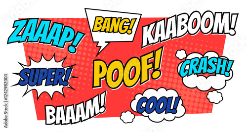Comic sound speech effect bubbles set in trendy retro style.