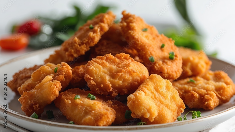 Crispy golden-brown chicken nuggets on white plate garnished with fresh herbs Crispy golden-brown chicken nuggets on white plate garnished with fresh herbs