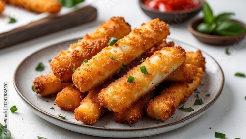 Crispy cheese sticks with marinara and basil garnished on a plate