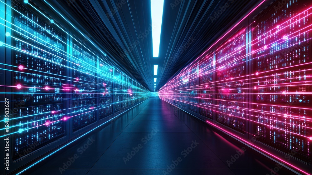 Abstract Futuristic Data Center Corridor with Neon Lights Abstract Futuristic Data Center Corridor with Neon Lights