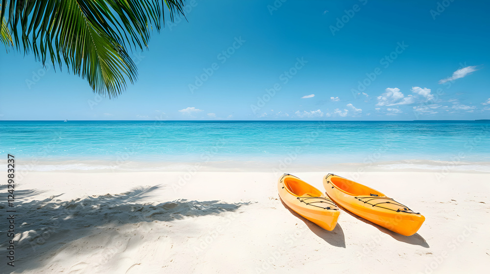 Kayaking adventure on tropical beach clear waters outdoor activity sunny day relaxing atmosphere Kayaking adventure on tropical beach clear waters outdoor activity sunny day relaxing atmosphere