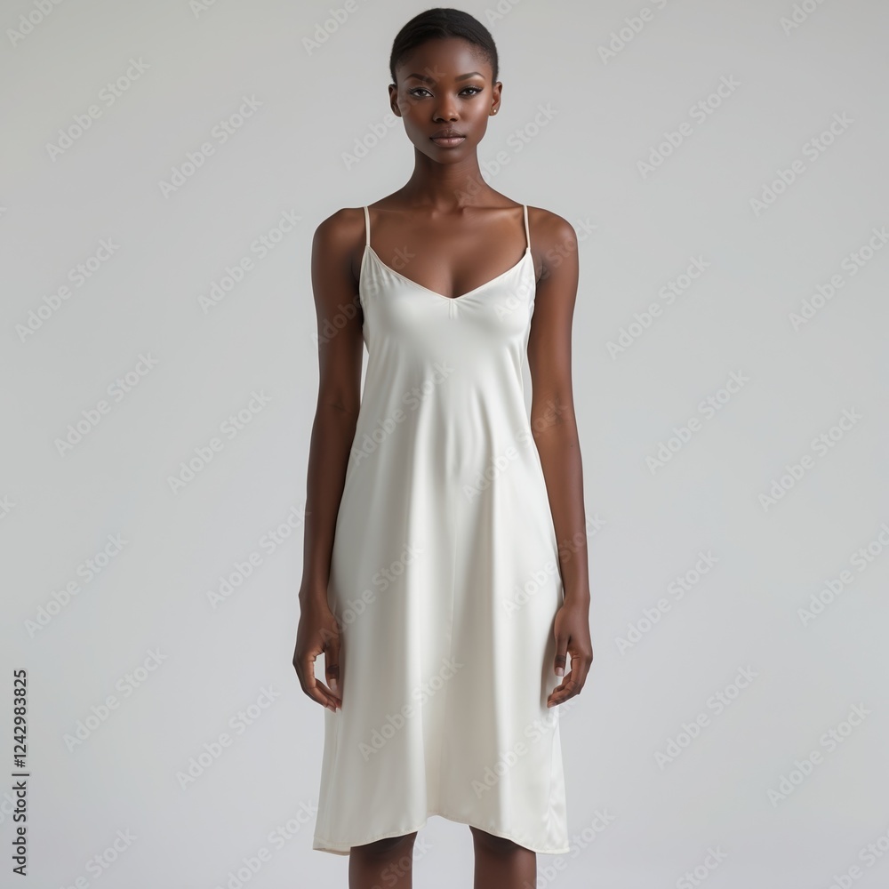 Elegant cream slip dress model in minimalist fashion style Elegant cream slip dress model in minimalist fashion style