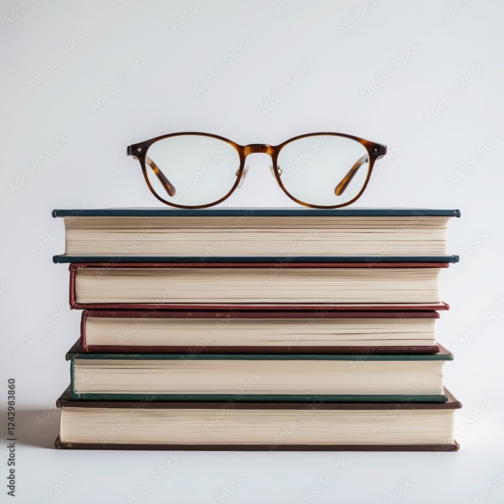 Glasses on colorful books symbolizing knowledge and reading in a minimalistic setting. Glasses on colorful books symbolizing knowledge and reading in a minimalistic setting.