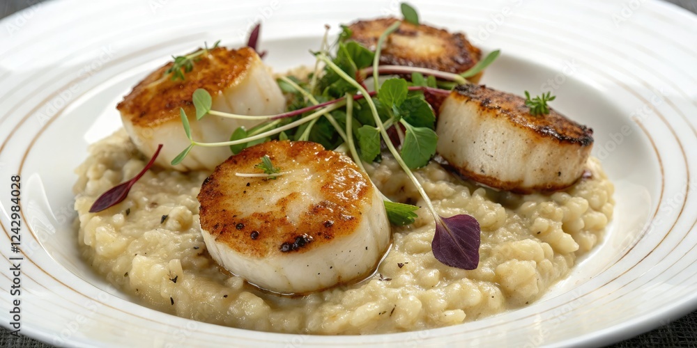 Pan-seared scallops with truffle risotto and microgreens, modern cooking, pan-seared scallops, truffle risotto, upscale dining Pan-seared scallops with truffle risotto and microgreens, modern cooking, pan-seared scallops, truffle risotto, upscale dining