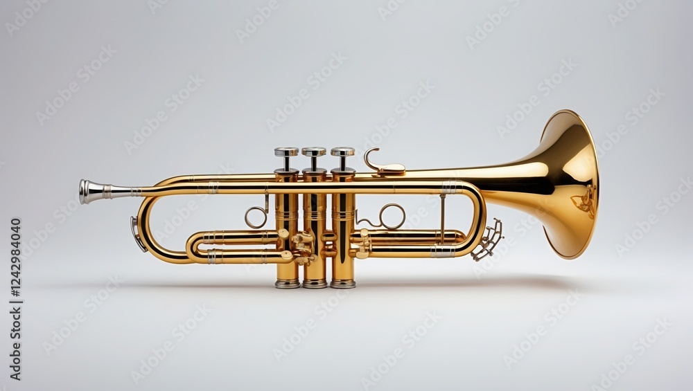 Fototapeta premium Shiny gold trumpet with three valves on a neutral background showcasing craftsmanship.