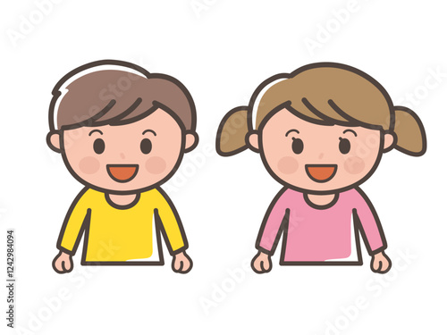 笑顔で楽しそうな男の子と女の子の上半身イラスト（小学生、幼児、子供）