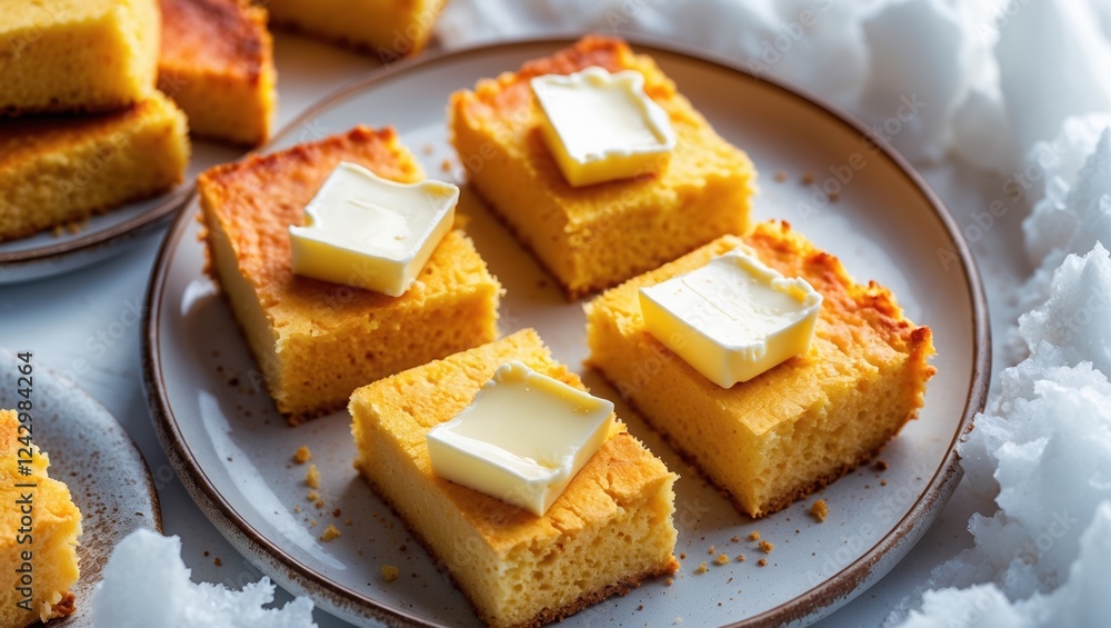 Delicious cornmeal squares with butter, perfect for winter meals. Delicious cornmeal squares with butter, perfect for winter meals.