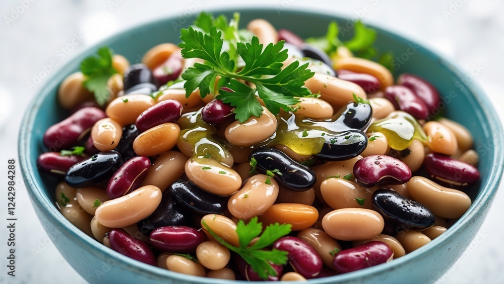 Colorful bean salad in blue bowl with parsley and olive oil Colorful bean salad in blue bowl with parsley and olive oil