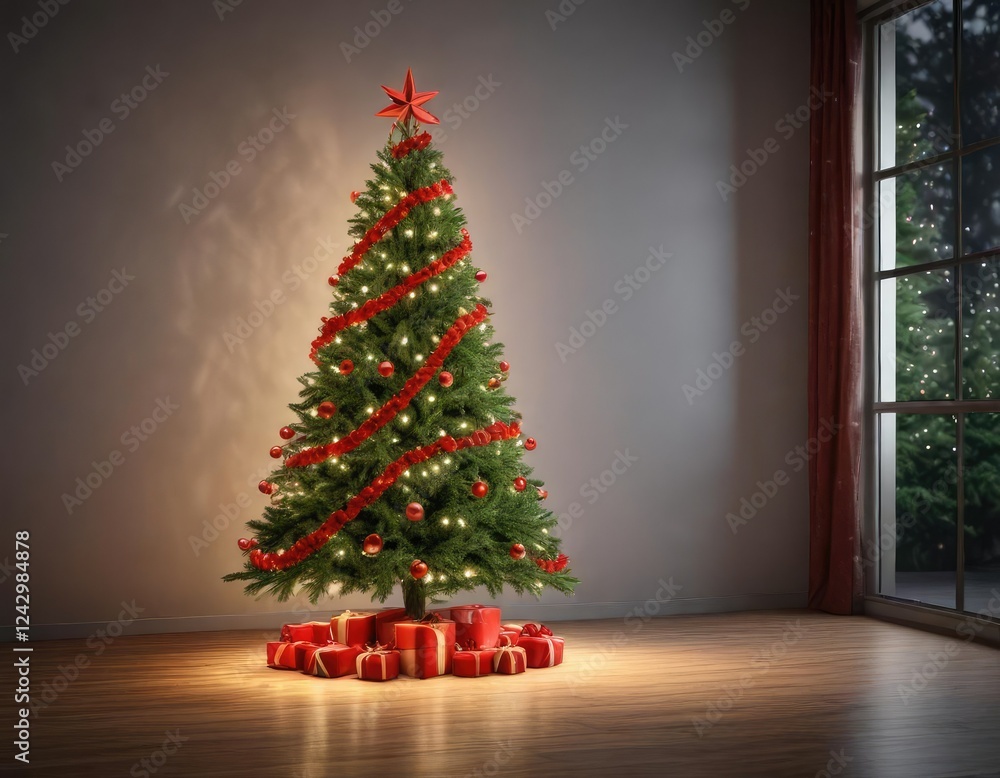 Pine Christmas tree decorated with string lights and red ribbons , festive, tree Pine Christmas tree decorated with string lights and red ribbons , festive, tree