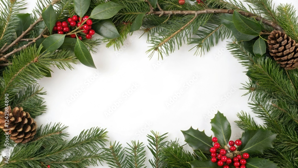Pine branch arrangement with holly and mistletoe, seasonal, garland, pine cones, evergreen branches Pine branch arrangement with holly and mistletoe, seasonal, garland, pine cones, evergreen branches