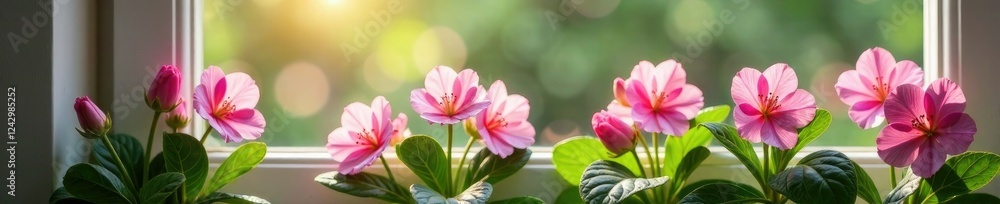Fototapeta premium Pink polkadot flowers blooming on the windowsill, floral, natural