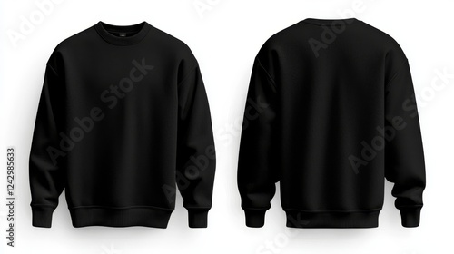 A front and back view of a black crew neck sweatshirt, with a blank template, displayed against a white background.