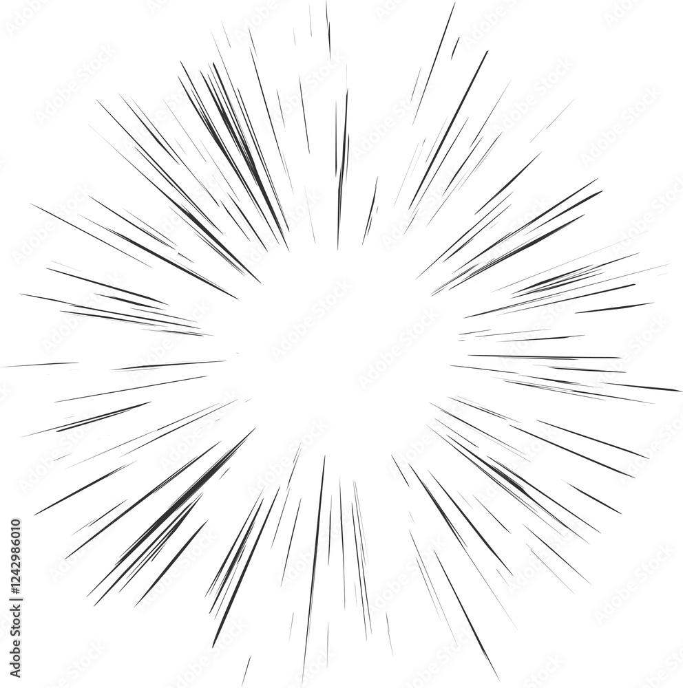 Obraz premium Comic speed line effect. Manga radial explosion. Anime burst. Perspective motion of rays. Superhero frame. Abstract blast scream and glow. Center of impact.