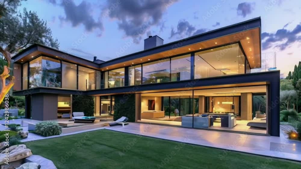 Luxury Modern Home at Dusk: Architectural Masterpiece Luxury Modern Home at Dusk: Architectural Masterpiece