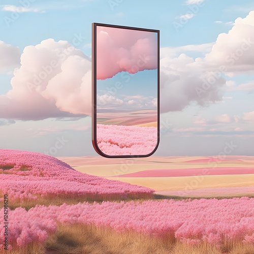Pink Fields Reflect in a Surreal Frame