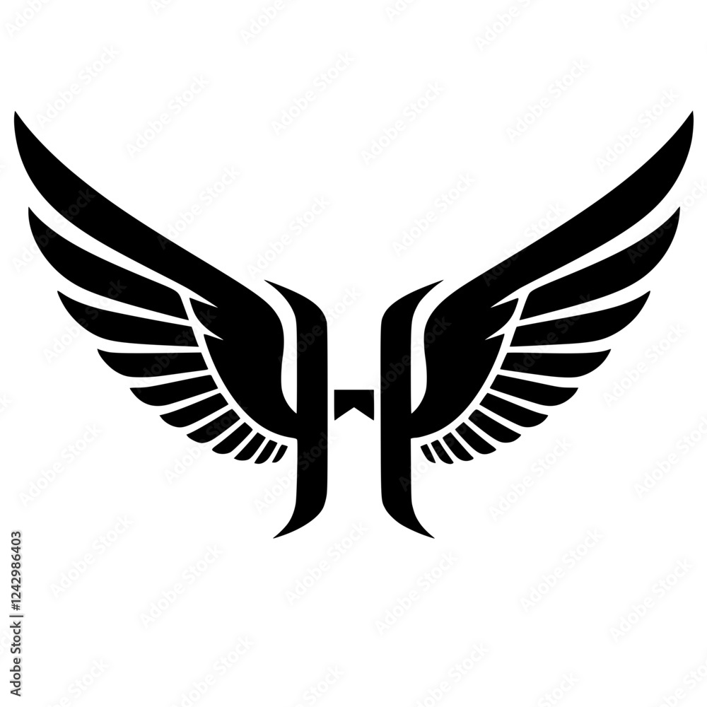Fototapeta premium Winged Letter H Black Logo Design, Black letter H with symmetrical wings, creating a bold and modern logo. Ideal for branding, aviation, business, sports, or creative identity. 