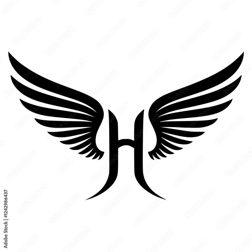 Fototapeta premium Winged Letter H Black Logo Design, Black letter H with symmetrical wings, creating a bold and modern logo. Ideal for branding, aviation, business, sports, or creative identity. 