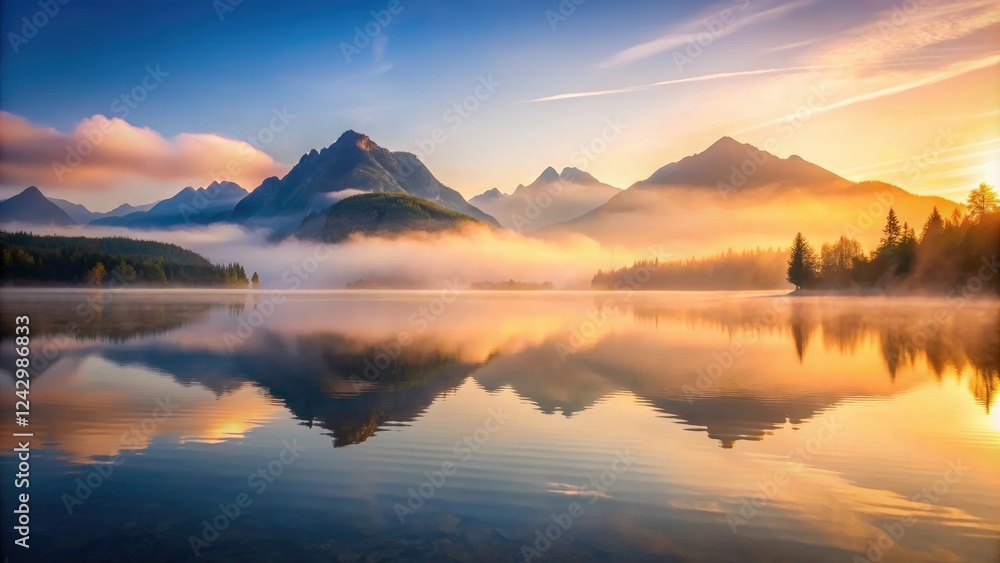 Reflection of misty mountains in a calm lake surface at sunrise, serene, peaceful, reflection, scenery, natural Reflection of misty mountains in a calm lake surface at sunrise, serene, peaceful, reflection, scenery, natural