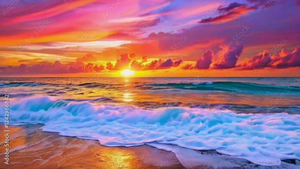 Vibrant Sunset over Ocean Waves: A Tropical Paradise Vibrant Sunset over Ocean Waves: A Tropical Paradise