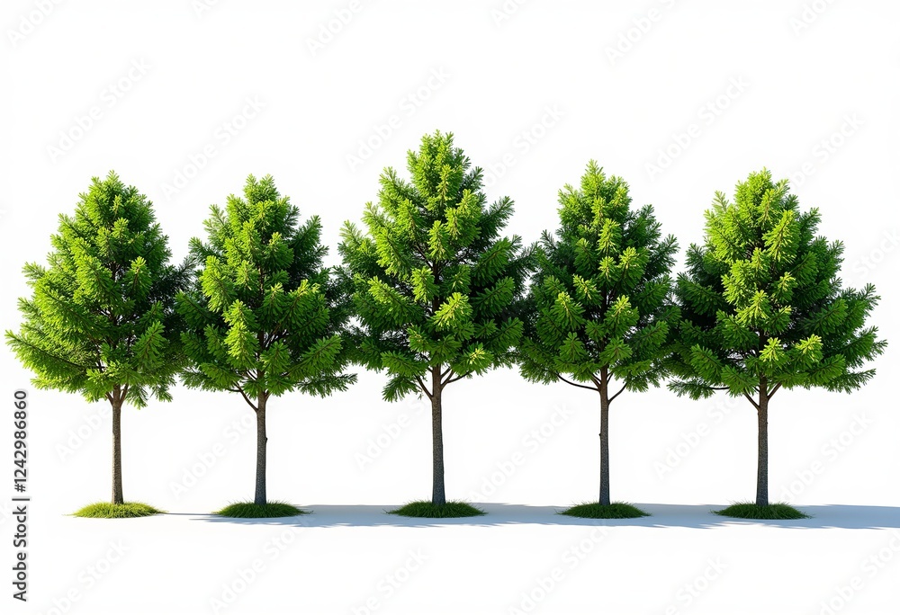Obraz premium Six Platanus Trees in Summer: Evenly Spaced Row, Green Foliage, Tall Straight Trunks, Bright Daylight, White Background, Easy Isolation, Cutout Ready. 