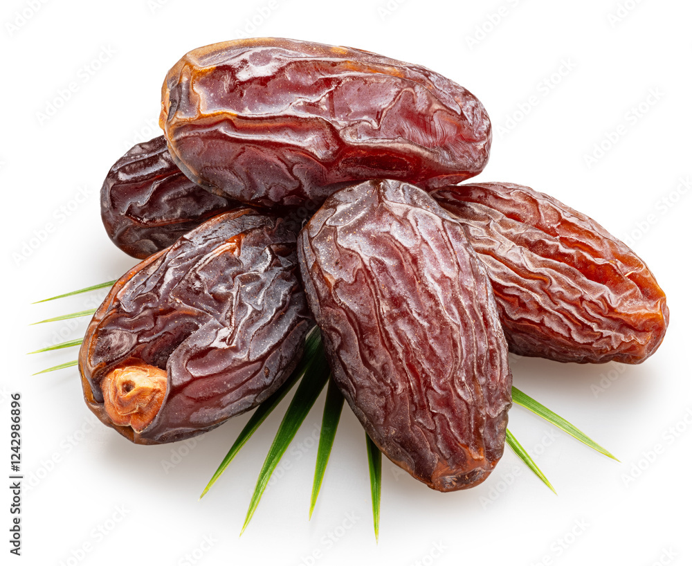 Semi-dried dates or date palm fruits lie on palm leaves isolated on white background. File contains clipping path. Semi-dried dates or date palm fruits lie on palm leaves isolated on white background. File contains clipping path.