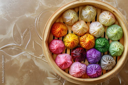 Colorful steamed dumplings in a bamboo steamer arranged aesthetically for a delightful culinary experience photo