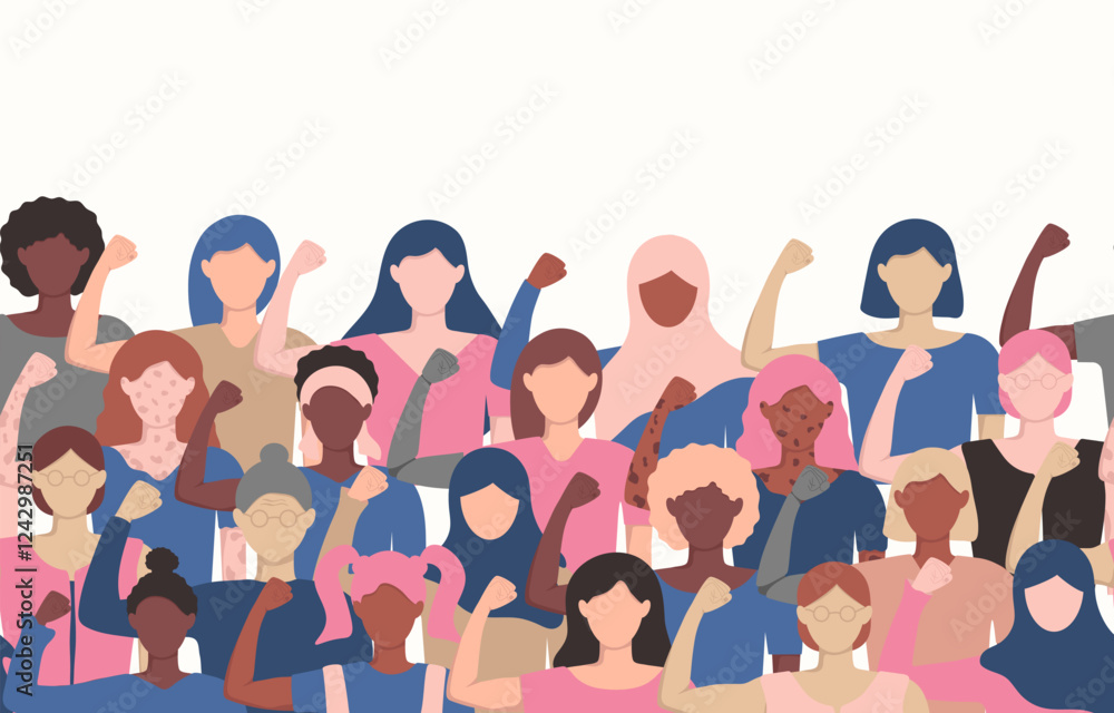 Obraz premium Seamless border with diversity women show strength for Accelerate Action. Pattern on white background. International Women's Equality day 8 March. Girl Power. IWD 2025 banner with copy space.