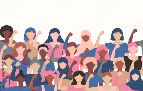 Seamless border with diversity women show strength for Accelerate Action. Pattern on white background. International Women's Equality day 8 March. Girl Power. IWD 2025 banner with copy space.