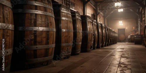 Row of bourbon barrels in a dimly lit rickhouse, whiskey, oak photo