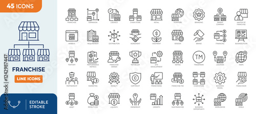 Franchise line editable icon set. Containing franchisee, expansion, license, franchisor, royalties, chain, shop, business model and more. Vector illustration