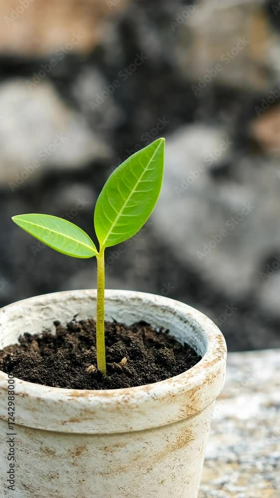 New plant sprout emerges from soil in a small pot on a natural background at a garden setting New plant sprout emerges from soil in a small pot on a natural background at a garden setting