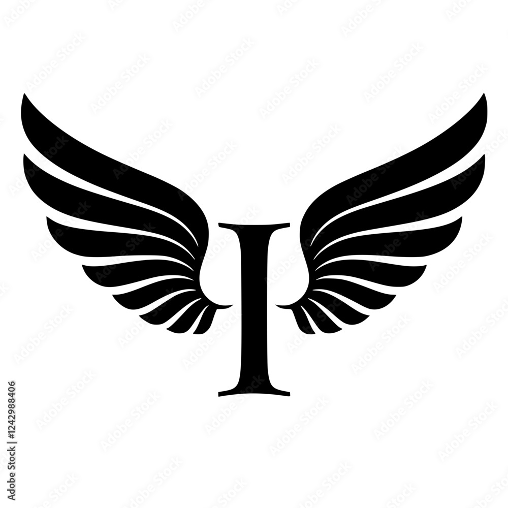 Fototapeta premium Winged Letter I Black Logo Design, Black letter I with symmetrical wings, forming a sleek and modern logo. Ideal for branding, aviation, business, sports, or creative identity. 