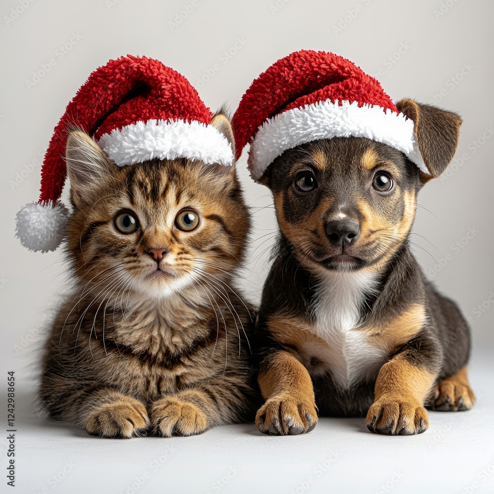 A happy dog and cat are isolated on a transparent background, both wearing a Christmas hat A happy dog and cat are isolated on a transparent background, both wearing a Christmas hat