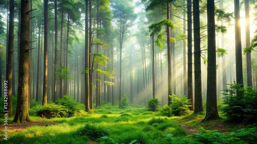 Obraz premium Serene forest landscape with tall trees, lush greenery, and a misty atmosphere creating a sense of tranquility, forest landscape, misty, forest, outdoor scene, nature