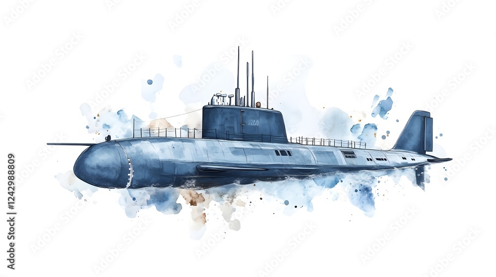 Fototapeta premium Ocean's Stealth: A Watercolor Submarine