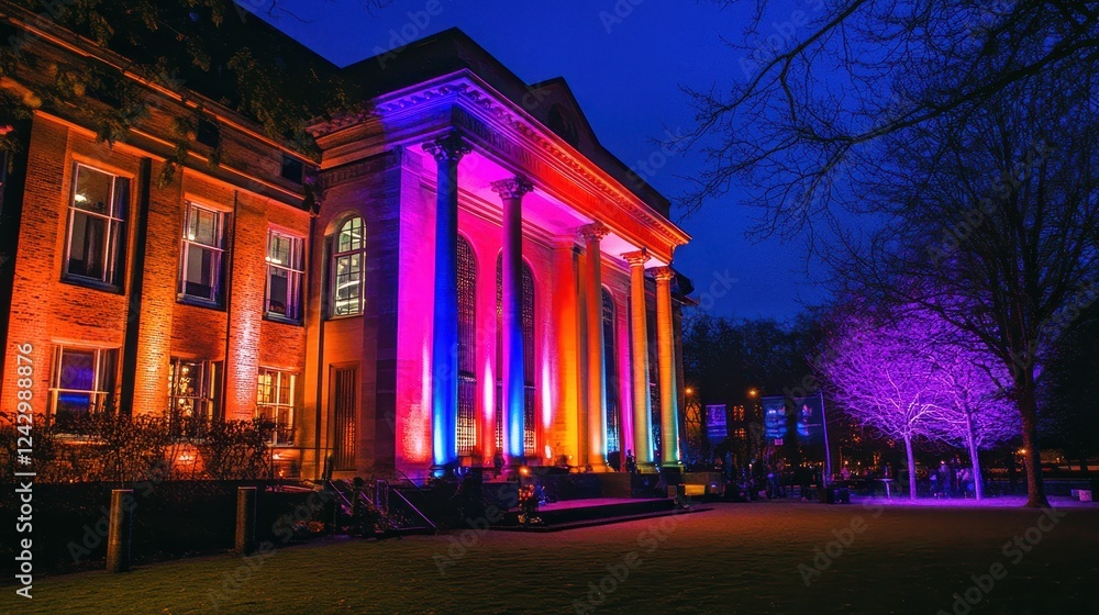 Fototapeta premium Colorful lights illuminate historic building at night during local festival in urban area