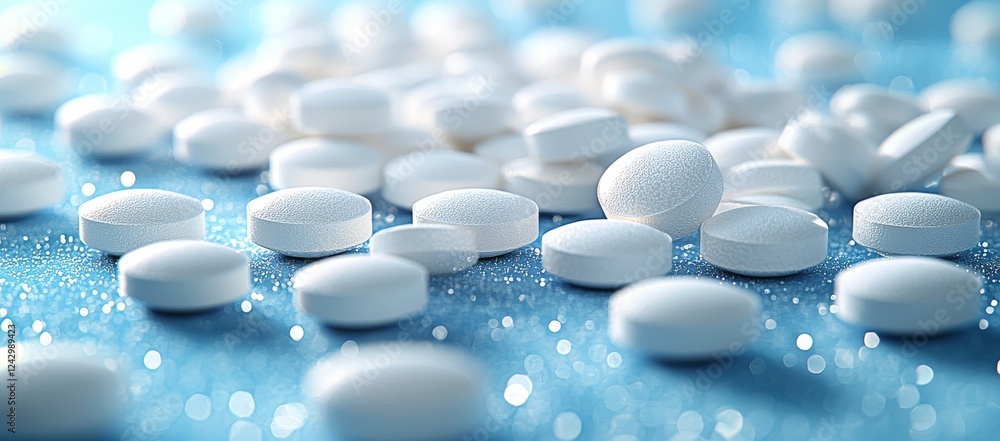 White pills are floating in the air in this dynamic image White pills are floating in the air in this dynamic image