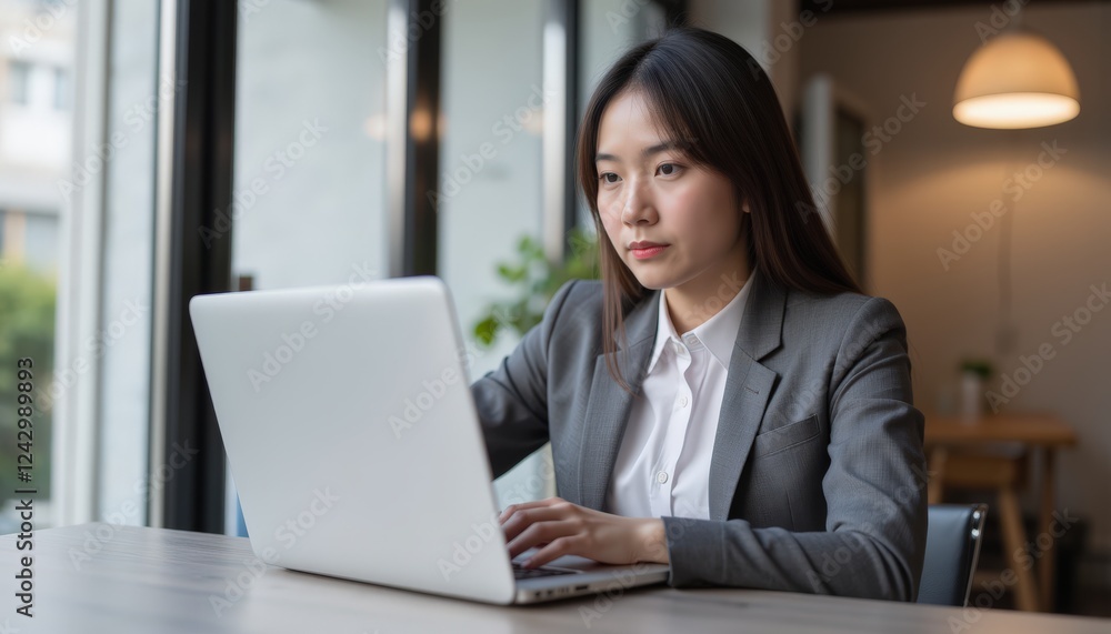 Global Freedom Through the Digital Nomad Life Concept. Focused Businesswoman in Professional Attire Working on Laptop Global Freedom Through the Digital Nomad Life Concept. Focused Businesswoman in Professional Attire Working on Laptop